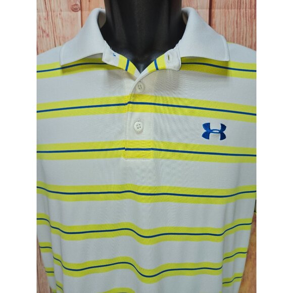 Under Armour Mens White Polo Small With Yellow & Blue Stripes - Picture 4 of 9